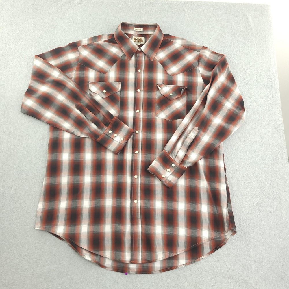 Ely Cattleman Shirt Mens XLT Red Plaid Long Sleeve Western Pearl Snap Tall - Picture 2 of 9